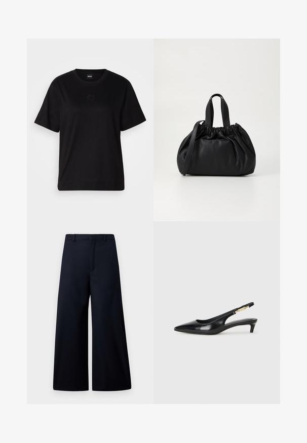 Černé bavlněné tričko s kulatým výstřihem, krátkými rukávy a vyšitým logem na hrudi. Jednoduchý, volný střih bez vzorů.; Široké kalhoty tmavě námořnické, vyrobené z hladkého materiálu. Mají plochý pas, přední sklad a žádné viditelné kování nebo vzory.; Černé kožené boty na podpatku s otevřenou patou a špičatou špičkou, s tenkým podpatkem a zlatým akcentem na nastavitelném pásku. Hladký povrch.; Černá kožená kabelka s designem staženého vršku, která má dvě krátké ucha a dlouhý nastavitelný popruh. Hladký povrch, zaoblený tvar.