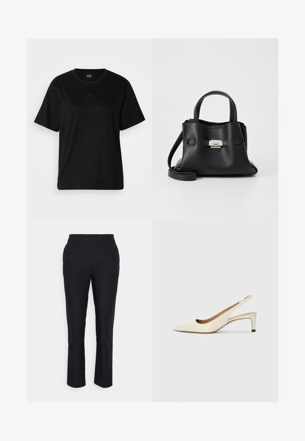 Μαύρο βαμβακερό μπλουζάκι με στρογγυλή λαιμόκοψη, κοντά μανίκια και κεντημένο λογότυπο στο στήθος. Απλή, χαλαρή γραμμή χωρίς σχέδια.; Μαύρο προσαρμοσμένο παντελόνι με ίσια γραμμή, κατασκευασμένο από λείο ύφασμα. Διαθέτει ζώνη χωρίς ορατούς κλειδώματα ή τσέπες.; Μπαλαρίνα με μυτερή μύτη σε εκρού δέρμα, με χαμηλό τακούνι και κομψό σχέδιο κοπής, διαθέτοντας λεία υφή και ελάχιστες λεπτομέρειες.; Μαύρη δερμάτινη τσάντα με υφή, που διαθέτει δύο επάνω χερούλια, αποσπώμενη λουρί ώμου και λεπτομέρεια από ασημένιο κούμπωμα.