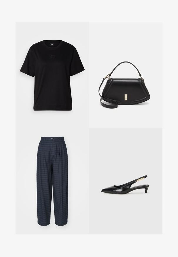 Black cotton t-shirt with a crew neckline, short sleeves, and an embroidered logo on the chest. Simple, relaxed fit with no patterns.; Mads Nørgaard BLUST PARIA PANTS - Trousers - deep well; Black leather slingback heels with a pointed toe, featuring a slim heel and a gold-tone accent on the adjustable strap. Smooth texture.; Black leather handbag with a structured design, featuring a cropped shape, top handle, and gold hardware accent. Adjustable shoulder strap included.