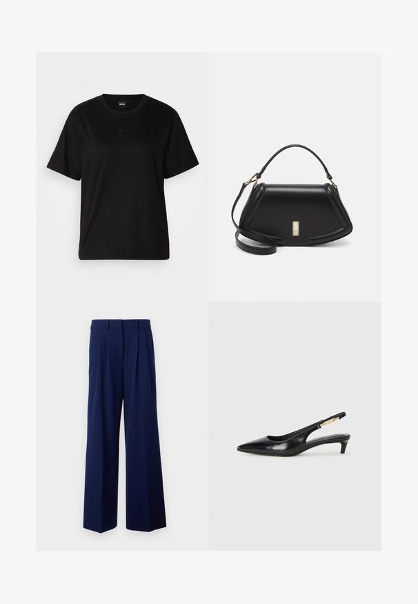 Crna pamučna majica s okruglim izrezom, kratkim rukavima i izvezenim logotipom na prsima. Jednostavan, opušten kroj bez uzorka.; Tamno plave široke hlače visokog struka, s prednjim nabranim detaljima i glatkom teksturom. Izrađene od lagane, lepršave tkanine.; Crne kožne sandale s petom, s izduženim vrhom, imaju usku petu i zlatni akcent na podesivoj traci. Glatka tekstura.; Crna kožna torba s strukturiranim dizajnom, s krojenim oblikom, gornjom drškom i zlatnim detaljima. Uključena je podesiva ramena traka.