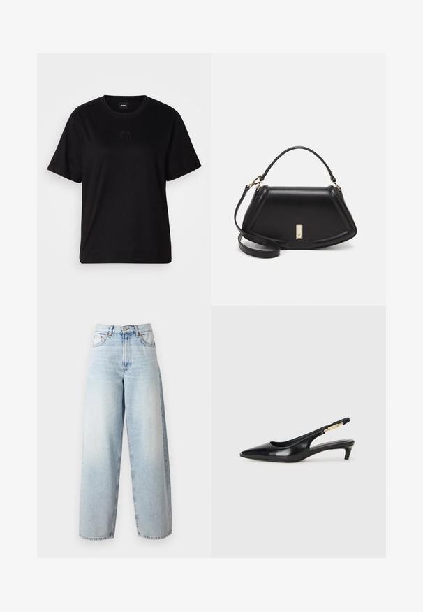 Black cotton t-shirt with a crew neckline, short sleeves, and an embroidered logo on the chest. Simple, relaxed fit with no patterns.; Samsøe Samsøe HARPER - Wide Leg - frozen snow; Black leather slingback heels with a pointed toe, featuring a slim heel and a gold-tone accent on the adjustable strap. Smooth texture.; Black leather handbag with a structured design, featuring a cropped shape, top handle, and gold hardware accent. Adjustable shoulder strap included.