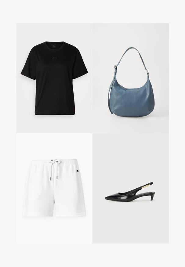 T-shirt en coton noir avec un col rond, des manches courtes et un logo brodé sur la poitrine. Coupe simple et décontractée sans motifs.; Shorts de sport blancs en sweat avec une taille élastique et un cordon de serrage. Matériau en coton doux, avec un minimum de coutures et un petit logo.; Talons hauts en cuir noir avec un bout pointu, dotés d'un talon fin et d'un accent en ton or sur la lanière réglable. Texture lisse.; Sac à main en cuir bleu avec une forme arrondie, une seule bandoulière, fermeture zippée et nom de la marque en relief sur le devant. Texture lisse.