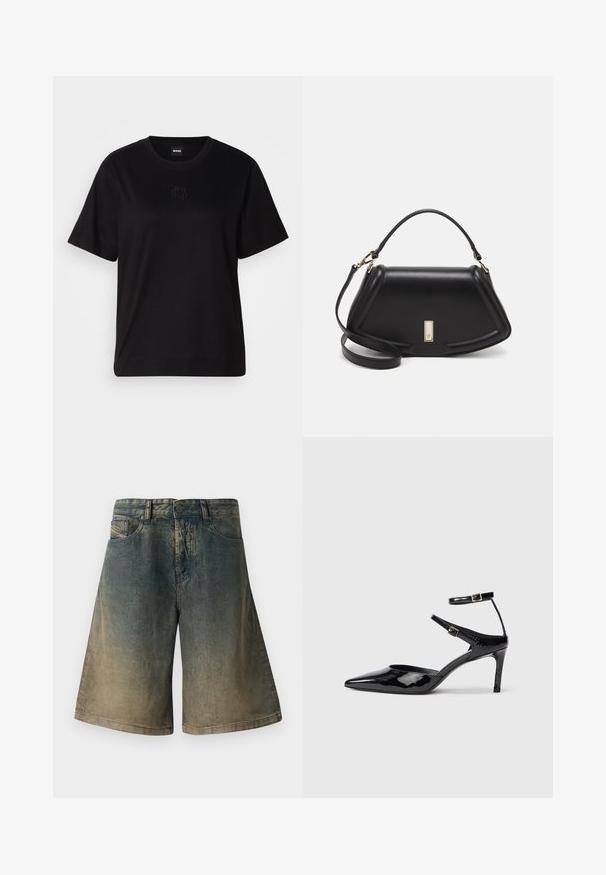 Camiseta de algodón negra con cuello redondo, mangas cortas y un logo bordado en el pecho. Ajuste simple y relajado sin patrones.; Shorts de mezclilla en un degradado de azul oscuro a beige claro. Presentan un diseño clásico de cinco bolsillos y cierre de botón metálico con costuras decorativas.; Tacones de charol negros con puntera puntiaguda, correas ajustables en el tobillo y un tacón delgado. Textura suave con un acabado brillante.; Bolso de mano de cuero negro con un diseño estructurado, que presenta una forma recortada, asa superior y acentos en dorado. Correa de hombro ajustable incluida.