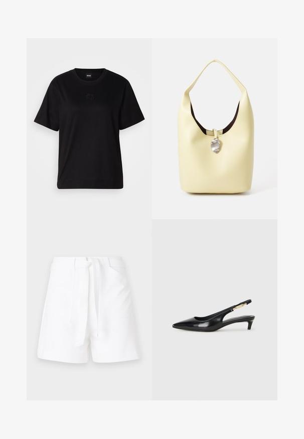 T-shirt de algodão preto com decote redondo, mangas curtas e um logótipo bordado no peito. Corte simples e descontraído, sem padrões.; Calções brancos com cintura ajustável, apresentando dois bolsos laterais e um tecido suave e texturizado. Corte clássico com linhas limpas.; Saltos slingback em couro preto com bico fino, apresentando um salto esguio e um detalhe em tom dourado na alça ajustável. Textura suave.; Saco hobo em pele amarela suave com uma forma arredondada. Apresenta um acabamento liso, forro interior escuro e um destaque em tom prateado na fecho.