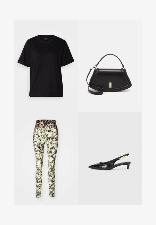 Black cotton t-shirt with a crew neckline, short sleeves, and an embroidered logo on the chest. Simple, relaxed fit with no patterns.; Leggings featuring a leopard print waistband, floral pattern in yellow and green, fitted design, with black graphics on the lower legs.; Black leather slingback heels with a pointed toe, featuring a slim heel and a gold-tone accent on the adjustable strap. Smooth texture.; Black leather handbag with a structured design, featuring a cropped shape, top handle, and gold hardware accent. Adjustable shoulder strap included.