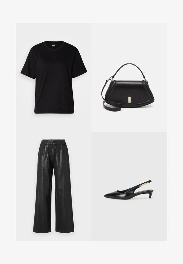 Black cotton t-shirt with a crew neckline, short sleeves, and an embroidered logo on the chest. Simple, relaxed fit with no patterns.; Black faux leather wide-leg pants with an elastic waistband, featuring two side pockets and a smooth, shiny texture.; Black leather slingback heels with a pointed toe, featuring a slim heel and a gold-tone accent on the adjustable strap. Smooth texture.; Black leather handbag with a structured design, featuring a cropped shape, top handle, and gold hardware accent. Adjustable shoulder strap included.