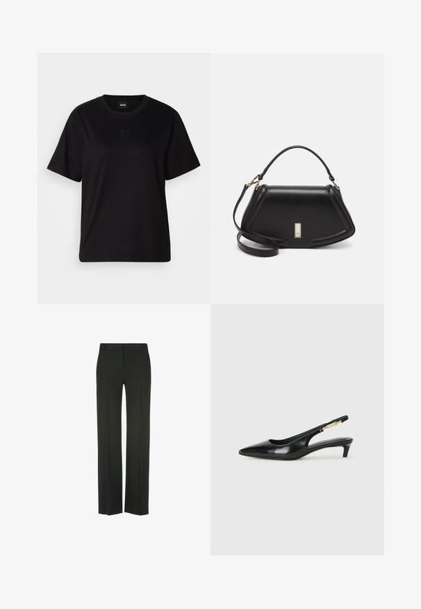 Musta puuvillapaita, jossa on pyöreä kaula-aukko, lyhyet hihat ja brodeerattu logo rinnassa. Yksinkertainen, rento istuvuus ilman kuvioita.; Mustat, leveälahkeiset housut, jotka on valmistettu sileästä kankaasta; sisältävät sileän etuosan, taitokset, vyölenkit ja muotoillun siluetin.; Mustat nahkaiset slingback-korkokengät, joissa on terävä kärki, ohuet korot ja kultasävytteinen yksityiskohta säädettävässä hihnassa. Silkkinen pinta.; Mustalla nahkalaukulla, jossa on jämäkkä muotoilu, lyhyt malli, yläkahva ja kultaiset yksityiskohdat. Säädettävä olkahihna sisältyy.