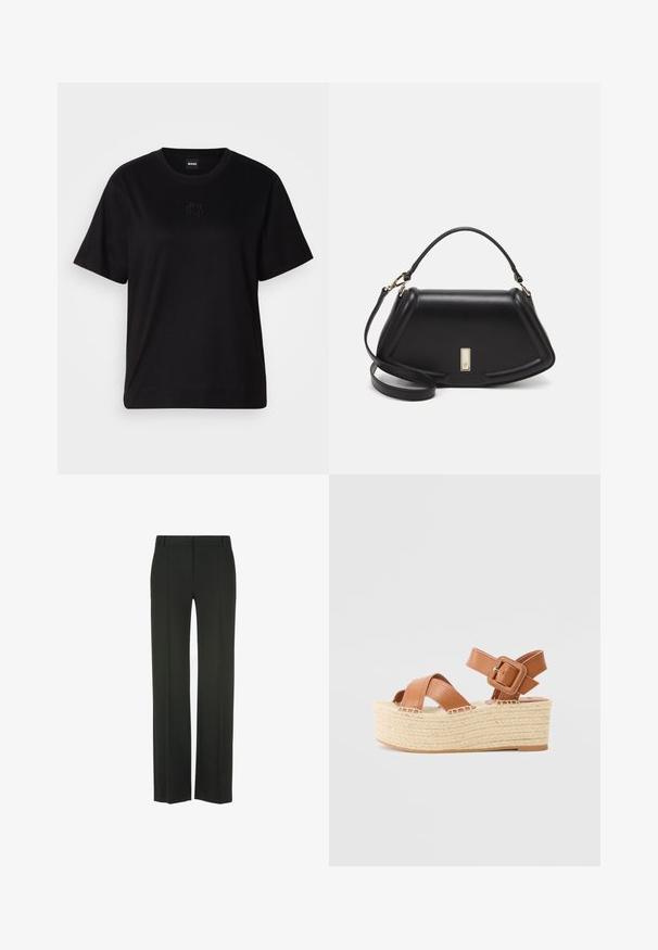 Czarny bawełniany t-shirt z okrągłym dekoltem, krótkimi rękawami i haftowanym logo na piersi. Prosty, luźny krój bez wzorów.; Czarne, szerokie spodnie wykonane z gładkiego materiału; mają płaski przód z liniami zagięcia, szlufki na pasek i dopasowany krój.; Brązowe skórzane sandały na platformie z krzyżującymi się paskami, zapięciem na klamrę wokół kostki i plecioną podeszwą jutową, z teksturowanym wykończeniem.; Czarna skórzana torebka o strukturalnym designie, z przyciętą formą, górnym uchwytem i złotymi akcentami. W zestawie regulowany pasek na ramię.