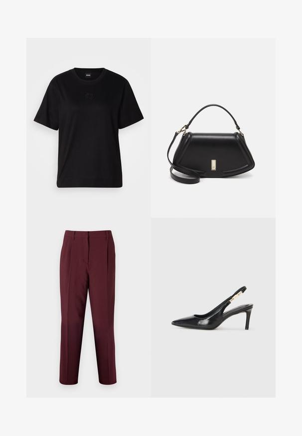 Black cotton t-shirt with a crew neckline, short sleeves, and an embroidered logo on the chest. Simple, relaxed fit with no patterns.; Bruuns Bazaar CINDYSUS DAGNY - Trousers - sassafras; Black leather slingback high-heeled shoe with a pointed toe, smooth texture, and a narrow ankle strap featuring gold hardware accents.; Black leather handbag with a structured design, featuring a cropped shape, top handle, and gold hardware accent. Adjustable shoulder strap included.