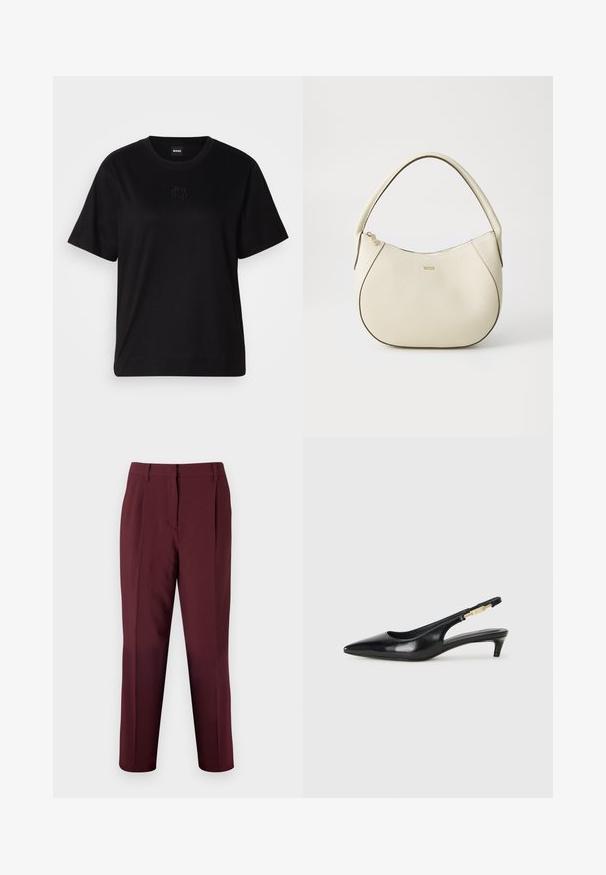Čierne bavlnené tričko s okrúhlym výstrihom, krátkymi rukávmi a vyšívaným logom na hrudi. Jednoduchý, voľný strih bez vzorov.; Bruuns Bazaar CINDYSUS DAGNY - Nohavice - sassafras; Čierne kožené slingback opätky s špicatou špičkou, s úzkym opätkom a zlatým detailom na nastaviteľnom remienku. Hladká textúra.; Krémová kabelka s textúrovaným povrchom, zakriveným tvarom, krátkym uchom a detailom loga v zlatom tóne. Zapínanie na zips na vrchu.