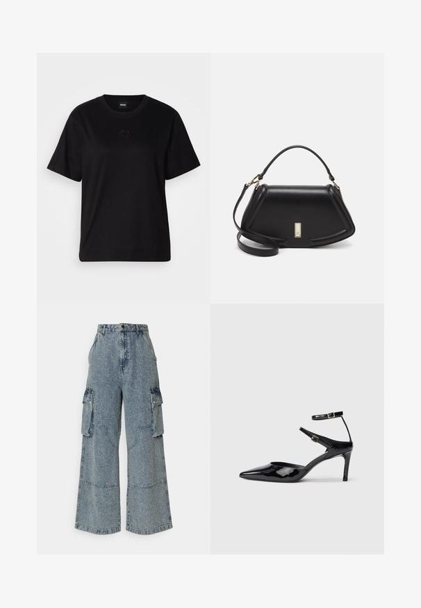Črna bombažna majica s krožnim izrezom, kratkimi rokavi in izvezenim logotipom na prsih. Preprosta, sproščena silhueta brez vzorcev.; Svjetloplave traper hlače širokog kroja s dodatnim džepovima sprijeda i sa strane, teksturiranom završnom obradom i vidljivim šavovima.; Črne lakirane čevlje z visoko peto in ožjim prstom, z nastavljivimi gležnjastimi trakovi in tankim peto. Gladka tekstura z sijočim zaključkom.; Črna usnjena torbica s strukturnim dizajnom, ki ima skrajšano obliko, zgornji ročaj in zlate dodatke. Vključena je nastavljiva ramenska naramnica.