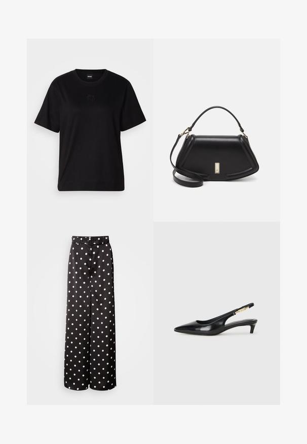 Juodas medvilninis marškinėliai su apvalia iškirpte, trumpomis rankovėmis ir siuvinėjimu ant krūtinės. Paprastas, laisvas siluetas be raštų.; Juodos plačios kojos kelnės su diržu, pagamintos iš lygaus audinio, su baltais taškeliais visame paviršiuje.; Juodas odinis pavasario batelių modelis su smailiu nosiu, turintis siaurą kulniuką ir auksinės spalvos akcentu reguliuojamoje juostoje. Lygi tekstūra.; Juoda odinė rankinė su struktūrizuotu dizainu, turi trumpą formą, viršutinę rankeną ir auksinius akcentus. Pridėtas reguliuojamas peties diržas.