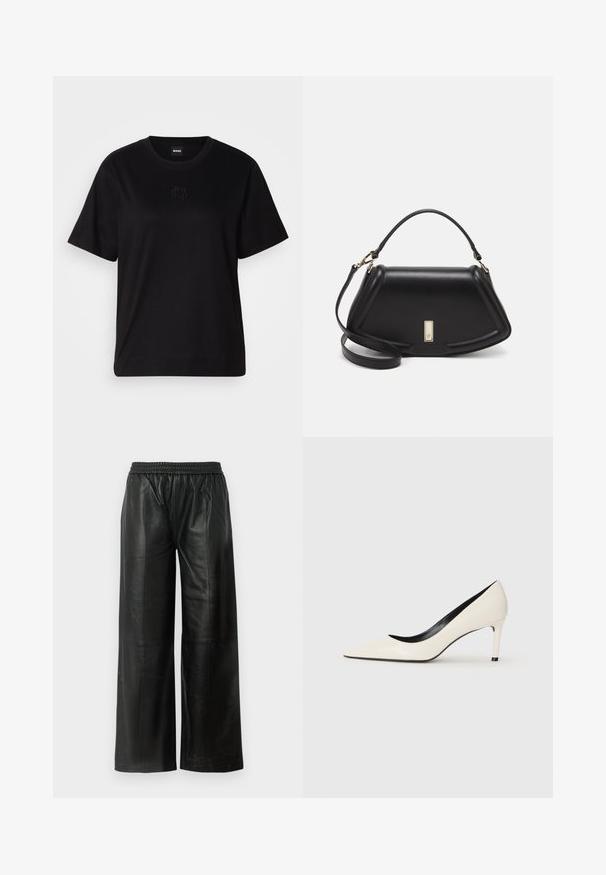 Schwarzes Baumwoll-T-Shirt mit Rundhalsausschnitt, kurzen Ärmeln und aufgesticktem Logo auf der Brust. Einfacher, lässiger Schnitt ohne Muster.; Schwarze Leder-Hosen mit weitem Bein und elastischem Bund, die eine glatte Textur und minimale Nahtdetails aufweisen.; Weiße Lackleder-Pump mit hohen Absätzen, spitzem Zehenbereich, schlankem Absatz und schwarzer Innenausstattung. Glatte Textur und elegantes Design.; Schwarze Lederhandtasche mit einem strukturierten Design, das eine verkürzte Form, einen oberen Griff und goldfarbene Hardware-Details aufweist. Verstellbarer Schulterriemen ist enthalten.