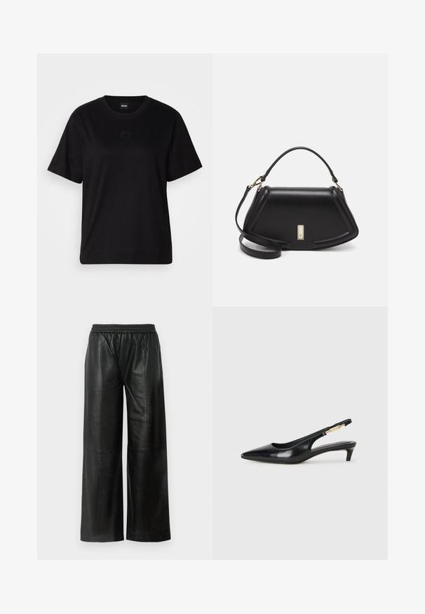 Schwarzes Baumwoll-T-Shirt mit Rundhalsausschnitt, kurzen Ärmeln und aufgesticktem Logo auf der Brust. Einfacher, lässiger Schnitt ohne Muster.; Schwarze Leder-Hosen mit weitem Bein und elastischem Bund, die eine glatte Textur und minimale Nahtdetails aufweisen.; Schwarze Leder-Slingback-Pumps mit spitzem Schuhblatt, ausgestattet mit einem schlanken Absatz und einem goldfarbigen Akzent am verstellbaren Riemen. Glatte Textur.; Schwarze Lederhandtasche mit einem strukturierten Design, das eine verkürzte Form, einen oberen Griff und goldfarbene Hardware-Details aufweist. Verstellbarer Schulterriemen ist enthalten.