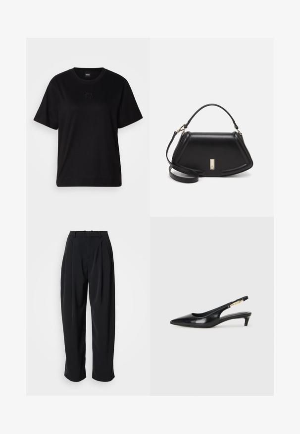 T-shirt en coton noir avec un col rond, des manches courtes et un logo brodé sur la poitrine. Coupe simple et décontractée sans motifs.; DRYKORN INK - Pantalon classique - black; Talons hauts en cuir noir avec un bout pointu, dotés d'un talon fin et d'un accent en ton or sur la lanière réglable. Texture lisse.; Sac à main en cuir noir avec un design structuré, featuring une forme cropped, une poignée supérieure et des accents en matériel doré. Bandoulière réglable incluse.