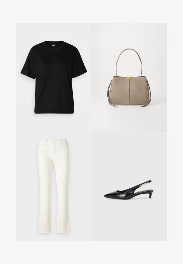 Črna bombažna majica s krožnim izrezom, kratkimi rokavi in izvezenim logotipom na prsih. Preprosta, sproščena silhueta brez vzorcev.; Beli flared jeans iz belega denima s klasičnim pet-im appendom, ki vključujejo sprednji gumb in kontrastno šivanje. Gladko teksturo in srednje visok pas.; Črne usnjene sandale na peto z ostro konico, ki imajo tanko peto in zlat ton na nastavljivem traku. Gladka tekstura.; Tommy Hilfiger CASUAL SHOULDER BAG - Torbica - coastal taupe