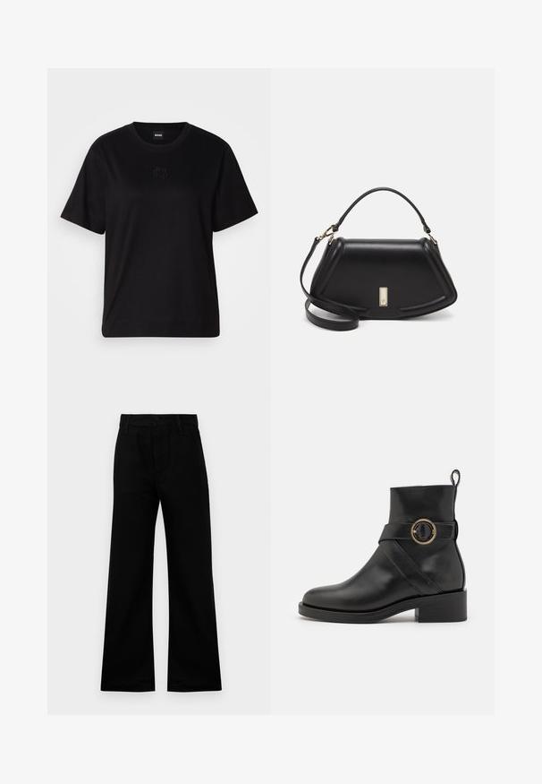 Black cotton t-shirt with a crew neckline, short sleeves, and an embroidered logo on the chest. Simple, relaxed fit with no patterns.; Black wide-leg trousers made of smooth fabric with a high waist, featuring a button closure and belt loops, offering a structured fit.; BOSS IRYNA BOOTIE - Platform ankle boots - black; Black leather handbag with a structured design, featuring a cropped shape, top handle, and gold hardware accent. Adjustable shoulder strap included.