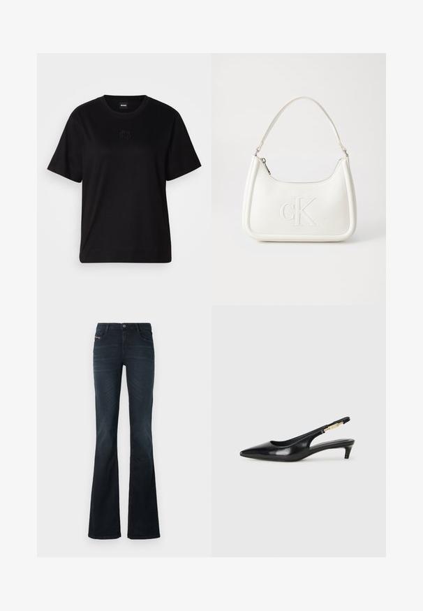 T-shirt de algodão preto com decote redondo, mangas curtas e um logótipo bordado no peito. Corte simples e descontraído, sem padrões.; Calças flare em denim escuro com uma textura suave, design de cinco bolsos e fecho de botão na cintura. Apresenta um detalhe de costura subtil.; Saltos slingback em couro preto com bico fino, apresentando um salto esguio e um detalhe em tom dourado na alça ajustável. Textura suave.; Mala de mão branca em pele com uma forma curva, apresentando um logo "CK" em relevo na frente e uma alça de ombro única. Fecho com zíper na parte superior.