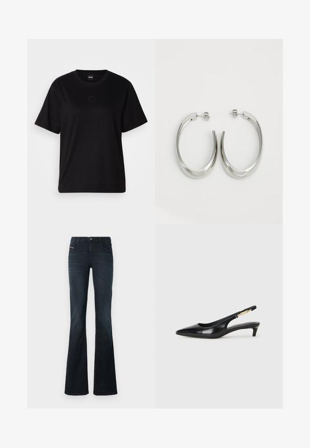 Črna bombažna majica s krožnim izrezom, kratkimi rokavi in izvezenim logotipom na prsih. Preprosta, sproščena silhueta brez vzorcev.; Oprugani jeans iz temnega denima z gladko teksturo, zasnovo s petimi žepi in gumbom za zapiranje na pasu. Imajo subtilne detajle šivanja.; Črne usnjene sandale na peto z ostro konico, ki imajo tanko peto in zlat ton na nastavljivem traku. Gladka tekstura.; Srebrni uhani v obliki obroča z gladkim, ukrivljenim oblikovanjem. Imajo sijajno kovinsko površino in zapiranje na žebljiček. Brez vidnih vzorcev ali dodatkov.