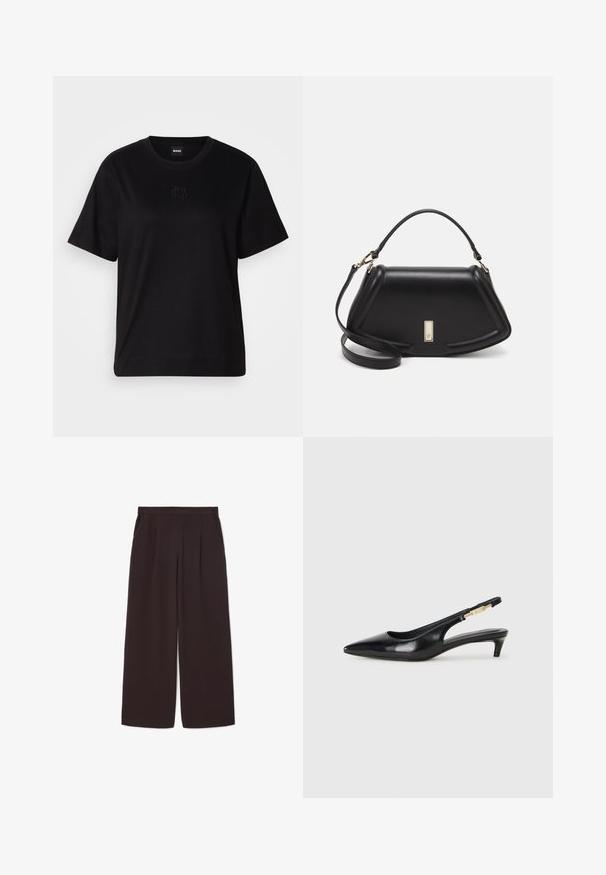 Schwarzes Baumwoll-T-Shirt mit Rundhalsausschnitt, kurzen Ärmeln und aufgesticktem Logo auf der Brust. Einfacher, lässiger Schnitt ohne Muster.; Dunkelbraune weite Hosen aus leichtem Stoff, mit hoher Taille, Falten und zwei Seitentaschen, sowie einem elastischen Bund.; Schwarze Leder-Slingback-Pumps mit spitzem Schuhblatt, ausgestattet mit einem schlanken Absatz und einem goldfarbigen Akzent am verstellbaren Riemen. Glatte Textur.; Schwarze Lederhandtasche mit einem strukturierten Design, das eine verkürzte Form, einen oberen Griff und goldfarbene Hardware-Details aufweist. Verstellbarer Schulterriemen ist enthalten.