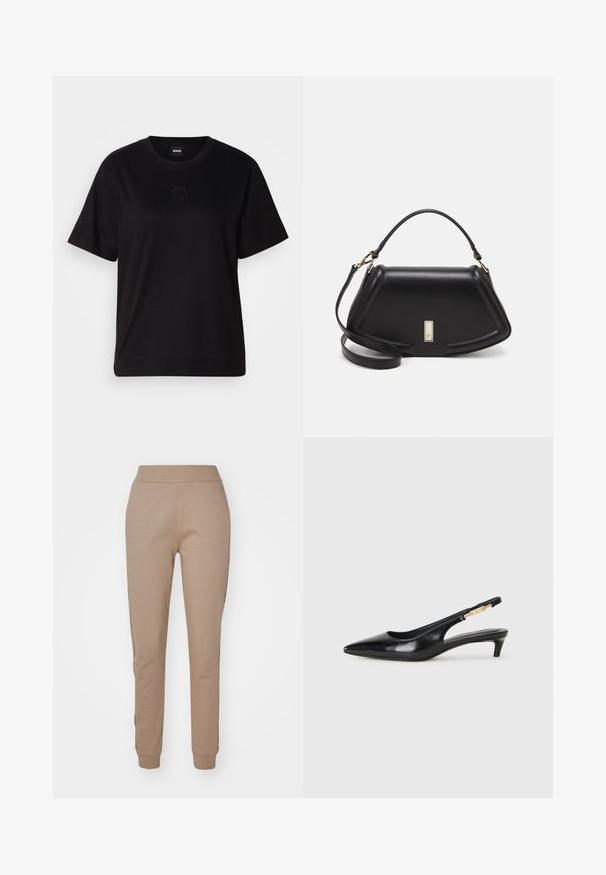 Black cotton t-shirt with a crew neckline, short sleeves, and an embroidered logo on the chest. Simple, relaxed fit with no patterns.; Beige sweatpants made of soft fabric with a tapered fit, featuring elastic waistband and cuffs, and subtle logo detail on the side.; Black leather slingback heels with a pointed toe, featuring a slim heel and a gold-tone accent on the adjustable strap. Smooth texture.; Black leather handbag with a structured design, featuring a cropped shape, top handle, and gold hardware accent. Adjustable shoulder strap included.