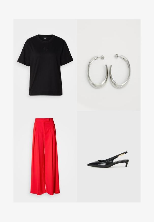 Fekete pamut póló kerek nyakkivágással, rövid ujjakkal és hímzett logóval a mellkasán. Egyszerű, laza szabás, minta nélkül.; Sima anyagból készült piros, bő szárú nadrág, elöl redőzéssel, lapos derékkal és testhezálló fazonnal. A dizájn egy folyékony sziluettet hangsúlyoz.; Fekete bőr slingback magassarkúk, hegyes orral, vékony sarkakkal és arany színű részlettel a állítható pánton. Simа felület.; Ezüst karika fülbevalók sima, ívelt formával. Fényes fémes felülettel és tűs zárral rendelkeznek. Nincsenek látható minták vagy kiegészítők.
