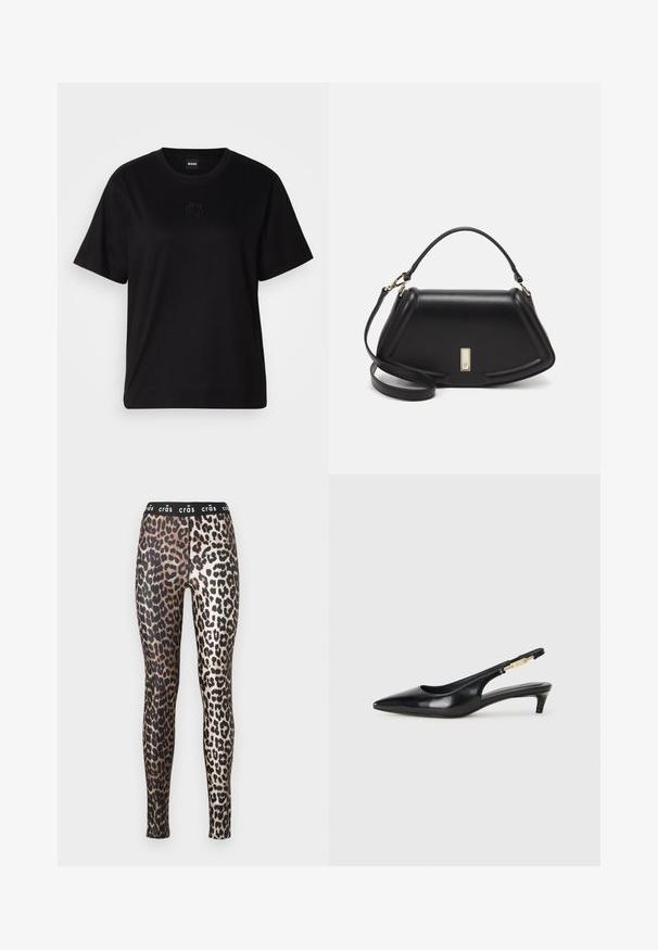 Czarny bawełniany t-shirt z okrągłym dekoltem, krótkimi rękawami i haftowanym logo na piersi. Prosty, luźny krój bez wzorów.; Legginsy w panterkę z czarną elastyczną talią z napisem "crâs", wykonane z błyszczącego, gładkiego materiału.; Czarne skórzane szpilki typu slingback z ostrym noskiem, posiadające smukły obcas i złoty akcent na regulowanym pasku. Gładka tekstura.; Czarna skórzana torebka o strukturalnym designie, z przyciętą formą, górnym uchwytem i złotymi akcentami. W zestawie regulowany pasek na ramię.