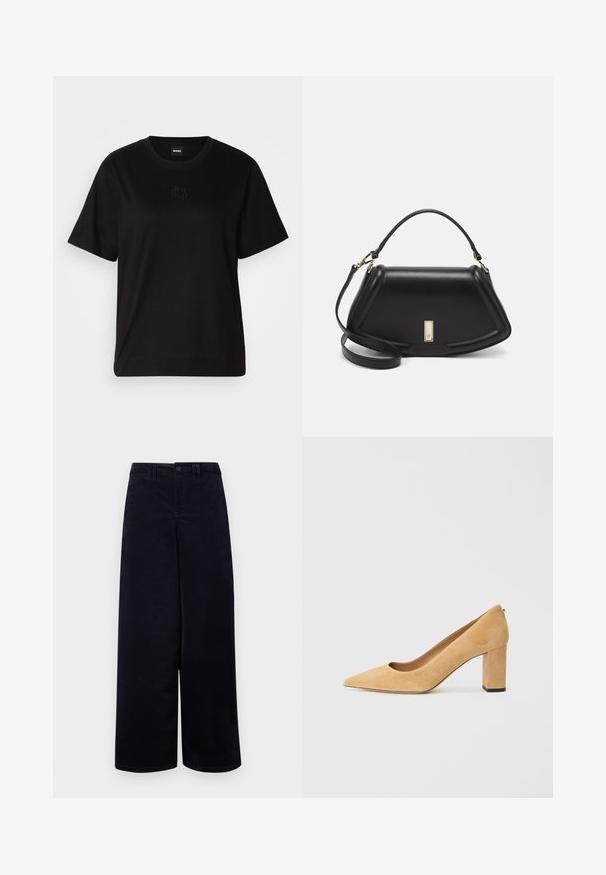Black cotton t-shirt with a crew neckline, short sleeves, and an embroidered logo on the chest. Simple, relaxed fit with no patterns.; Navy wide-leg trousers made of textured fabric. Features a front button closure, belt loops, and pockets on either side.; Beige suede high-heeled pump with a pointed toe and a chunky block heel. The material has a soft texture with a smooth finish.; Black leather handbag with a structured design, featuring a cropped shape, top handle, and gold hardware accent. Adjustable shoulder strap included.