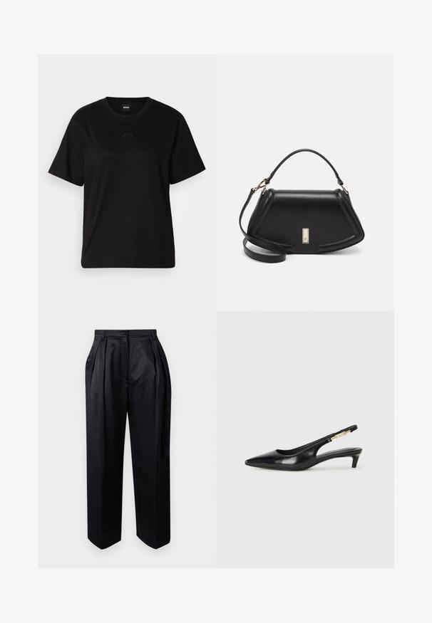 Schwarzes Baumwoll-T-Shirt mit Rundhalsausschnitt, kurzen Ärmeln und aufgesticktem Logo auf der Brust. Einfacher, lässiger Schnitt ohne Muster.; Schwarze, hoch taillierte Hose aus glattem Stoff, mit gebügelten Falten, weiten Beinen und geradem Schnitt mit einer leicht zulaufenden Saum.; Schwarze Leder-Slingback-Pumps mit spitzem Schuhblatt, ausgestattet mit einem schlanken Absatz und einem goldfarbigen Akzent am verstellbaren Riemen. Glatte Textur.; Schwarze Lederhandtasche mit einem strukturierten Design, das eine verkürzte Form, einen oberen Griff und goldfarbene Hardware-Details aufweist. Verstellbarer Schulterriemen ist enthalten.