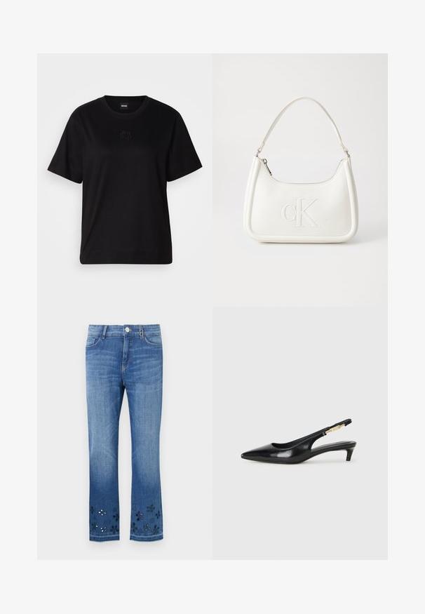 Černé bavlněné tričko s kulatým výstřihem, krátkými rukávy a vyšitým logem na hrudi. Jednoduchý, volný střih bez vzorů.; Modré denimové džíny se střihem rovného střihu, s květinovými výřezy na lemu. Klasický pětikapsový styl s předním zapínáním na knoflík.; Černé kožené boty na podpatku s otevřenou patou a špičatou špičkou, s tenkým podpatkem a zlatým akcentem na nastavitelném pásku. Hladký povrch.; Bílá kožená kabelka s křivkovým tvarem, na přední straně s vyraženým logem "CK" a jediným ramenním popruhem. Zipový uzávěr na vrchu.