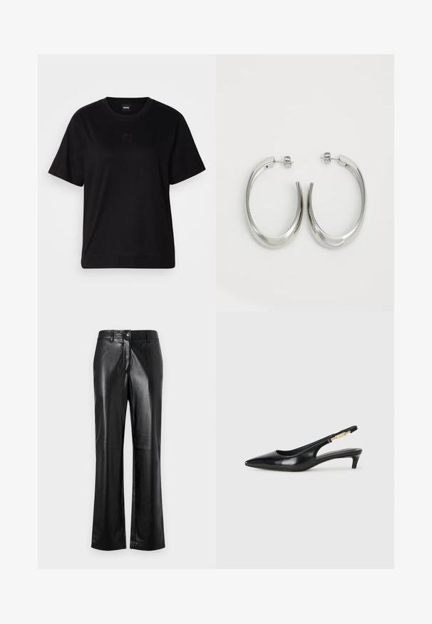 Black cotton t-shirt with a crew neckline, short sleeves, and an embroidered logo on the chest. Simple, relaxed fit with no patterns.; Black leather pants with a straight leg design, featuring a front button closure, belt loops, and a smooth, polished texture.; Black leather slingback heels with a pointed toe, featuring a slim heel and a gold-tone accent on the adjustable strap. Smooth texture.; Silver hoop earrings with a smooth, curved design. Features a shiny metallic finish and stud closure. No visible patterns or accents.