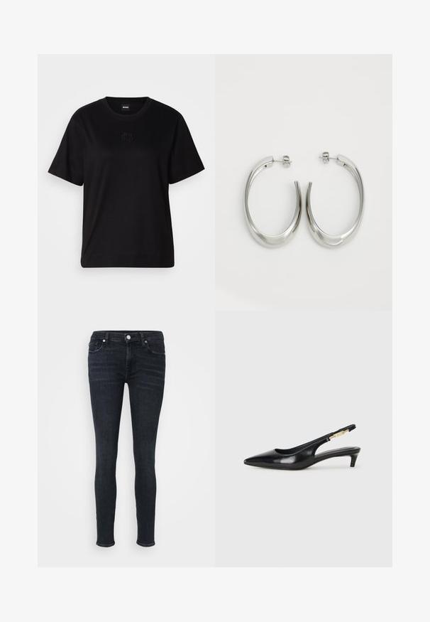 Μαύρο βαμβακερό μπλουζάκι με στρογγυλή λαιμόκοψη, κοντά μανίκια και κεντημένο λογότυπο στο στήθος. Απλή, χαλαρή γραμμή χωρίς σχέδια.; Λεπτά τζιν σε σκούρο ινδικό τζιν, με μεσαία μέση, κλασικό σχέδιο πέντε τσεπών και διακριτές ραφές κατά μήκος των ραφών.; Μαύρες δερμάτινες γόβες slingback με μυτερή μύτη, διαθέτοντας λεπτό τακούνι και χρυσή λεπτομέρεια στην ρυθμιζόμενη λωρίδα. Λείος υφές.; Ασημένια σκουλαρίκια κρίκοι με μαλακή, καμπυλωτή σχεδίαση. Διαθέτουν γυαλιστερή μεταλλική υφή και κλείσιμο με σφίγγα. Χωρίς ορατά μοτίβα ή διακοσμήσεις.