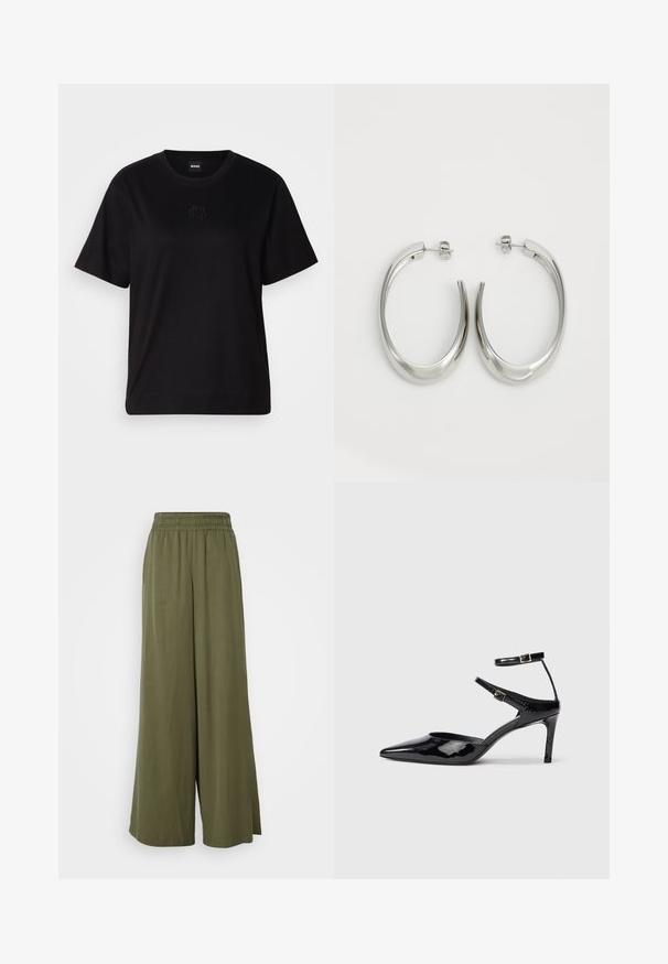Črna bombažna majica s krožnim izrezom, kratkimi rokavi in izvezenim logotipom na prsih. Preprosta, sproščena silhueta brez vzorcev.; DRYKORN CEILING - Hlače - green; Črne lakirane čevlje z visoko peto in ožjim prstom, z nastavljivimi gležnjastimi trakovi in tankim peto. Gladka tekstura z sijočim zaključkom.; Srebrni uhani v obliki obroča z gladkim, ukrivljenim oblikovanjem. Imajo sijajno kovinsko površino in zapiranje na žebljiček. Brez vidnih vzorcev ali dodatkov.