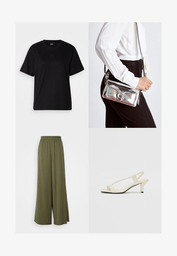 Maglietta in cotone nera con scollatura tonda, maniche corte e logo ricamato sul petto. Design semplice e vestibilità rilassata senza motivi.; DRYKORN CEILING - Pantaloni - green; Sandali con tacco a blocco beige, con sottili cinturini e punta quadrata. Materiale liscio con dettagli minimi, progettati per un facile utilizzo.; Borsa a tracolla metallic silver con una superficie liscia, dotata di chiusura a morsetto con design circolare, indossata con un outfit nero e una maglia bianca.