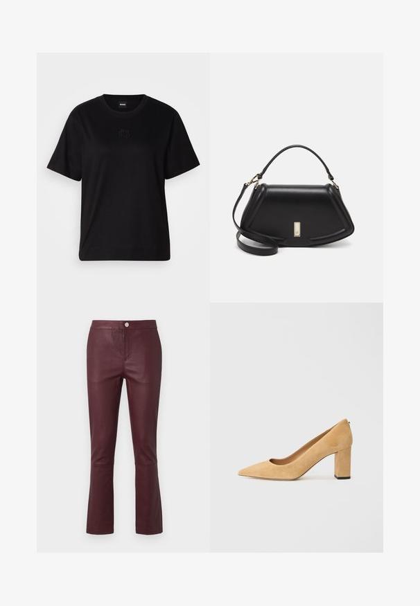 Black cotton t-shirt with a crew neckline, short sleeves, and an embroidered logo on the chest. Simple, relaxed fit with no patterns.; Burgundy faux leather pants with a slim fit, flared hem, front pockets, and a metal button closure at the waistband. Smooth texture.; Beige suede high-heeled pump with a pointed toe and a chunky block heel. The material has a soft texture with a smooth finish.; Black leather handbag with a structured design, featuring a cropped shape, top handle, and gold hardware accent. Adjustable shoulder strap included.