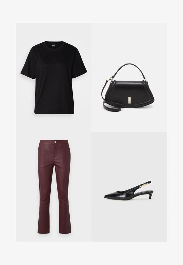Camiseta de algodón negra con cuello redondo, mangas cortas y un logo bordado en el pecho. Ajuste simple y relajado sin patrones.; Pantalones de cuero sintético burdeos con un ajuste ceñido, dobladillo acampanado, bolsillos frontales y cierre de botón metálico en la cintura. Textura suave.; Tacones negros de piel sintética tipo slingback con punta afilada, que cuentan con un tacón delgado y un detalle en tono dorado en la correa ajustable. Textura suave.; Bolso de mano de cuero negro con un diseño estructurado, que presenta una forma recortada, asa superior y acentos en dorado. Correa de hombro ajustable incluida.