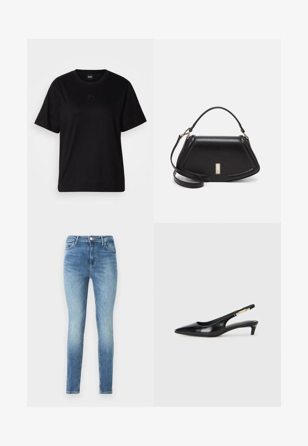 Camiseta de algodón negra con cuello redondo, mangas cortas y un logo bordado en el pecho. Ajuste simple y relajado sin patrones.; Jeans ajustados de mezclilla azul claro, con una cintura de altura media, diseño de cinco bolsillos y un sutil desgaste en la parte delantera y trasera.; Tacones negros de piel sintética tipo slingback con punta afilada, que cuentan con un tacón delgado y un detalle en tono dorado en la correa ajustable. Textura suave.; Bolso de mano de cuero negro con un diseño estructurado, que presenta una forma recortada, asa superior y acentos en dorado. Correa de hombro ajustable incluida.