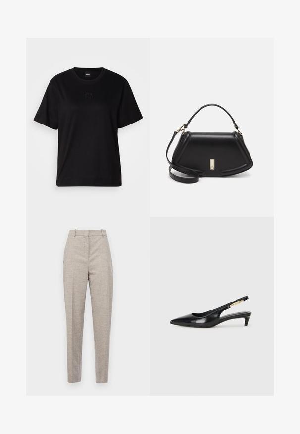 Sort bomulds t-shirt med rund halsudskæring, korte ærmer og et broderet logo på brystet. Enkel, afslappet pasform uden mønstre.; BOSS TABITHA - Bukser - open grey; Sorte læder slingback hæle med spids tå, der har en slank hæl og en guldfarvet detalje på den justerbare rem. Glat tekstur.; Sort læderhåndtaske med en struktureret design, der har en kortet form, tophåndtag og guld hardware-accenter. Justerbar skulderrem inkluderet.