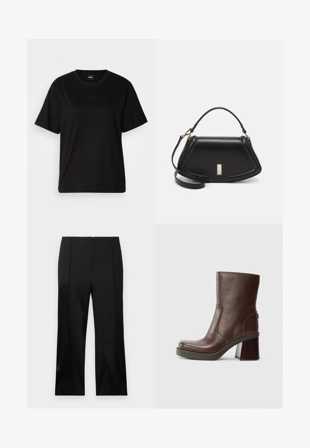 Svart bomullströja med rund halsringning, korta ärmar och en broderad logotyp på bröstet. Enkel, avslappnad passform utan mönster.; Svarta skräddarsydda byxor med rak passform, slät tyg, mitt framveck och diskret dragkedjestängning baktill.; Brun läderankelsko med rund tå, slät yta och kraftig träklack. Sidsömdetalj och subtil lyster.; Svart läderhandväska med en strukturerad design, som har en avskuren form, ett handtag upptill och guldiga detaljer. Justerbar axelrem ingår.