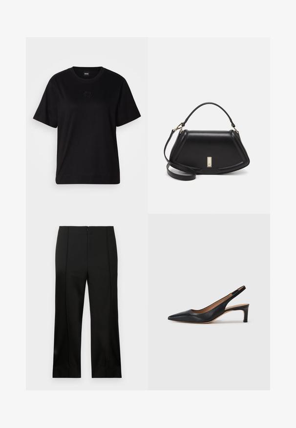 Schwarzes Baumwoll-T-Shirt mit Rundhalsausschnitt, kurzen Ärmeln und aufgesticktem Logo auf der Brust. Einfacher, lässiger Schnitt ohne Muster.; Schwarze, maßgeschneiderte Hosen mit geradem Bein, glattem Stoff, mittigem Vorderfalte und diskretem Reißverschluss auf der Rückseite.; Schwarze Leder-Slingback-Pumps mit spitzer Zehenform, niedrigem Absatz und glatter Textur. Verfügt über einen dünnen, verstellbaren Riemen für einen sicheren Sitz.; Schwarze Lederhandtasche mit einem strukturierten Design, das eine verkürzte Form, einen oberen Griff und goldfarbene Hardware-Details aufweist. Verstellbarer Schulterriemen ist enthalten.