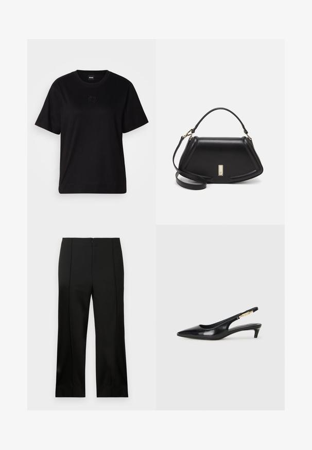Black cotton t-shirt with a crew neckline, short sleeves, and an embroidered logo on the chest. Simple, relaxed fit with no patterns.; Black tailored trousers with a straight-leg fit, smooth fabric, center front crease, and discreet back zip closure.; Black leather slingback heels with a pointed toe, featuring a slim heel and a gold-tone accent on the adjustable strap. Smooth texture.; Black leather handbag with a structured design, featuring a cropped shape, top handle, and gold hardware accent. Adjustable shoulder strap included.