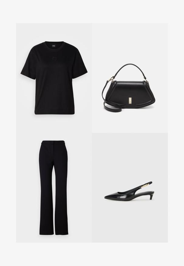 Zwarte katoenen t-shirt met een ronde hals, korte mouwen en een geborduurd logo op de borst. Eenvoudige, comfortabele pasvorm zonder patronen.; Zwarte broek met een rechte snit, een gladde textuur en een tailleband met een enkele knoopsluiting. Geen zichtbare patronen of accenten.; Zwarte leren slingback hakken met een spitse neus, voorzien van een slanke hak en een goudkleurige accent op de verstelbare band. Gladde textuur.; Zwarte leren handtas met een gestructureerd ontwerp, featuring een verkorte vorm, bovenhandvat en gouden hardwareaccent. Inclusief verstelbare schouderband.