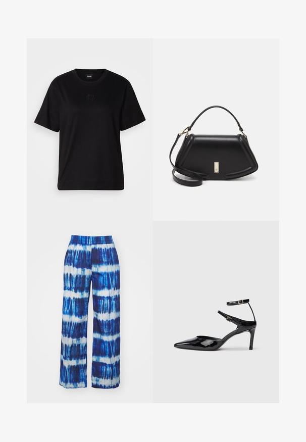 Mustmust särk, millel on ümar kaelus, lühikesed varrukad ja tindiga tikitud logo rinnal. Lihtne, mugav lõige ilma mustriteta.; Laiad säärepüksid, millel on sinine ja valge kätetöö muster ning elastne vöökoht. Valmistatud kergest, hingavast kangast.; Mustad nahast mustad kontsad terava ninaga, reguleeritavate pahkluu rihmade ja õhukese kontsaga. Sile tekstuur läikiva viimistlusega.; Must mustrist käekott, millel on struktureeritud disain, lühendatud kuju, ülemine käepide ja kuldne metallist detail. Reguleeritav õlalihm on kaasas.