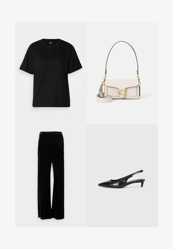 Musta puuvillapaita, jossa on pyöreä kaula-aukko, lyhyet hihat ja brodeerattu logo rinnassa. Yksinkertainen, rento istuvuus ilman kuvioita.; Mustat samettiset leveät housut, joissa on sileä pinta, korkea vyötärö ja kaksi etupleišiä, jotka ulottuvat lattiaan.; Mustat nahkaiset slingback-korkokengät, joissa on terävä kärki, ohuet korot ja kultasävytteinen yksityiskohta säädettävässä hihnassa. Silkkinen pinta.; Kreemivärvi nahast käekott, millel on struktureeritud disain, kontrastsed mustad servad, kuldsed detailid ja eemaldatav rihm, millel on allkirja logo.