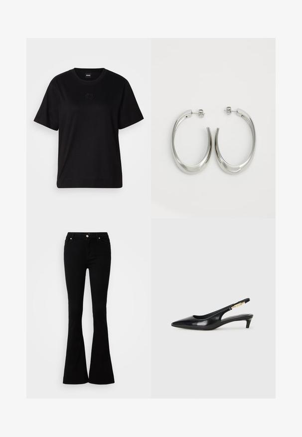 Juodas medvilninis marškinėliai su apvalia iškirpte, trumpomis rankovėmis ir siuvinėjimu ant krūtinės. Paprastas, laisvas siluetas be raštų.; Juodos flared džinsai, pagaminti iš džinsinio audinio su lygiu paviršiumi, su mygtuko uždarymu, dviem priekinėmis kišenėmis ir paprastu dizainu.; Juodas odinis pavasario batelių modelis su smailiu nosiu, turintis siaurą kulniuką ir auksinės spalvos akcentu reguliuojamoje juostoje. Lygi tekstūra.; Sidabriniai apvalūs auskarai su lygiu, išlenktu dizainu. Yra blizgus metalinis paviršius ir smeigtukų uždarymas. Nėra matomų raštų ar akcentų.