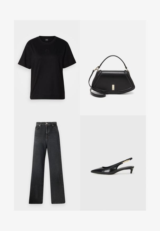 Schwarzes Baumwoll-T-Shirt mit Rundhalsausschnitt, kurzen Ärmeln und aufgesticktem Logo auf der Brust. Einfacher, lässiger Schnitt ohne Muster.; Schwarze Jeans mit weitem Bein und hoher Taille, mit Knopfverschluss, fünf Taschen und dezentem Ausbleichen im Stoffmuster.; Schwarze Leder-Slingback-Pumps mit spitzem Schuhblatt, ausgestattet mit einem schlanken Absatz und einem goldfarbigen Akzent am verstellbaren Riemen. Glatte Textur.; Schwarze Lederhandtasche mit einem strukturierten Design, das eine verkürzte Form, einen oberen Griff und goldfarbene Hardware-Details aufweist. Verstellbarer Schulterriemen ist enthalten.