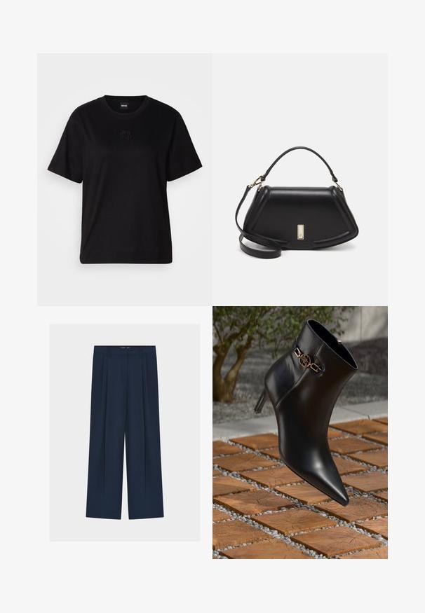 Camiseta de algodón negra con cuello redondo, mangas cortas y un logo bordado en el pecho. Ajuste simple y relajado sin patrones.; Pantalones anchos de pierna en azul marino con cintura alta, diseño plisado, tejido suave y cierre frontal oculto.; Botín de cuero negro a la altura del tobillo con puntera afilada y tacón pequeño. Presenta un acento de cadena dorada en el tobillo. Rodeado por una superficie de piedra texturizada.; Bolso de mano de cuero negro con un diseño estructurado, que presenta una forma recortada, asa superior y acentos en dorado. Correa de hombro ajustable incluida.