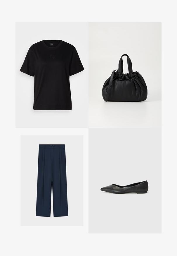 T-shirt negru din bumbac, cu guler rotund, mâneci scurte și un logo brodat pe piept. Design simplu, cu o croială relaxată și fără modele.; Pantaloni largi bleumarin cu talie înaltă, având un design plisat, țesătură netedă și închidere frontală ascunsă.; Balerini din piele neagră, cu vârf ascuțit, toc mic și textură netedă. Design minim cu un accent subtil pe lateral.; Geantă de mână din piele neagră cu un design cu partea superioară plisată, având două mânere scurte și o curea lungă ajustabilă. Textură netedă, formă rotunjită.