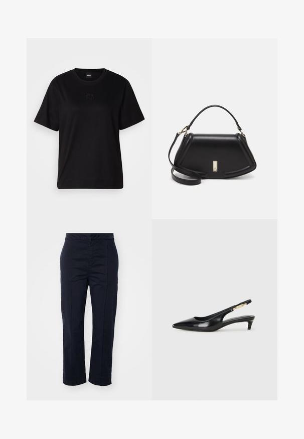 Μαύρο βαμβακερό μπλουζάκι με στρογγυλή λαιμόκοψη, κοντά μανίκια και κεντημένο λογότυπο στο στήθος. Απλή, χαλαρή γραμμή χωρίς σχέδια.; Ναυτικό μπλε βαμβακερές παντελόνες με ίσια γραμμή, που διαθέτουν μπροστινές ραφές και μέση μέσου ύψους για κομψή εφαρμογή.; Μαύρες δερμάτινες γόβες slingback με μυτερή μύτη, διαθέτοντας λεπτό τακούνι και χρυσή λεπτομέρεια στην ρυθμιζόμενη λωρίδα. Λείος υφές.; Μαύρη δερμάτινη τσάντα με δομημένο σχέδιο, που διαθέτει κομμένο σχήμα, επάνω λαβή και χρυσά μεταλλικά στοιχεία. Περιλαμβάνει ρυθμιζόμενο λουρί ώμου.