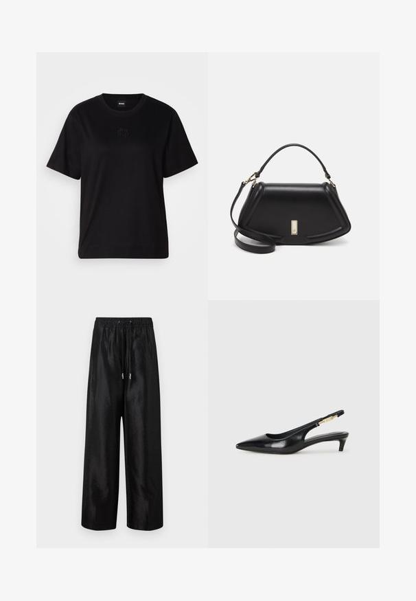 Camiseta de algodón negra con cuello redondo, mangas cortas y un logo bordado en el pecho. Ajuste simple y relajado sin patrones.; Pantalones de pierna ancha negros, fabricados en tejido brillante, con cintura elástica y cordón de ajuste, que cuentan con detalles en metal plateado.; Tacones negros de piel sintética tipo slingback con punta afilada, que cuentan con un tacón delgado y un detalle en tono dorado en la correa ajustable. Textura suave.; Bolso de mano de cuero negro con un diseño estructurado, que presenta una forma recortada, asa superior y acentos en dorado. Correa de hombro ajustable incluida.